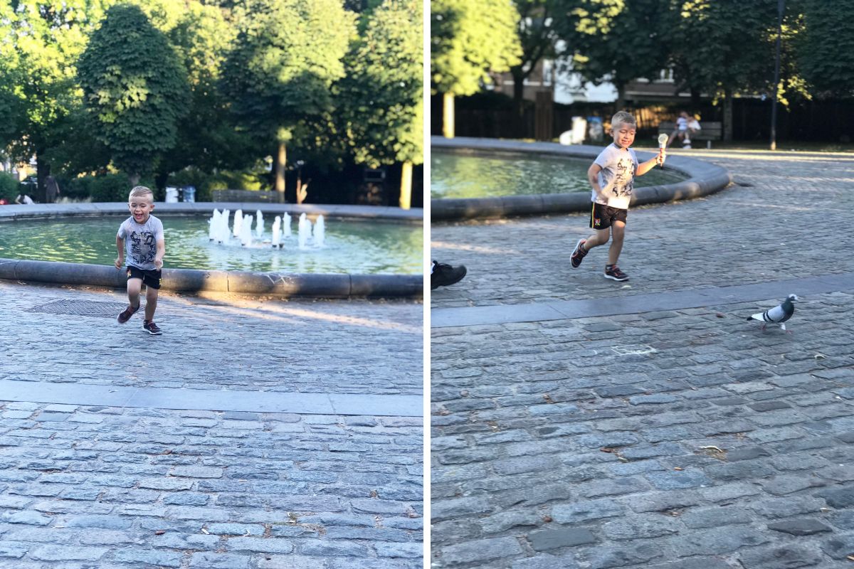 petit garçon qui court devant la fontaine du parc georges henri